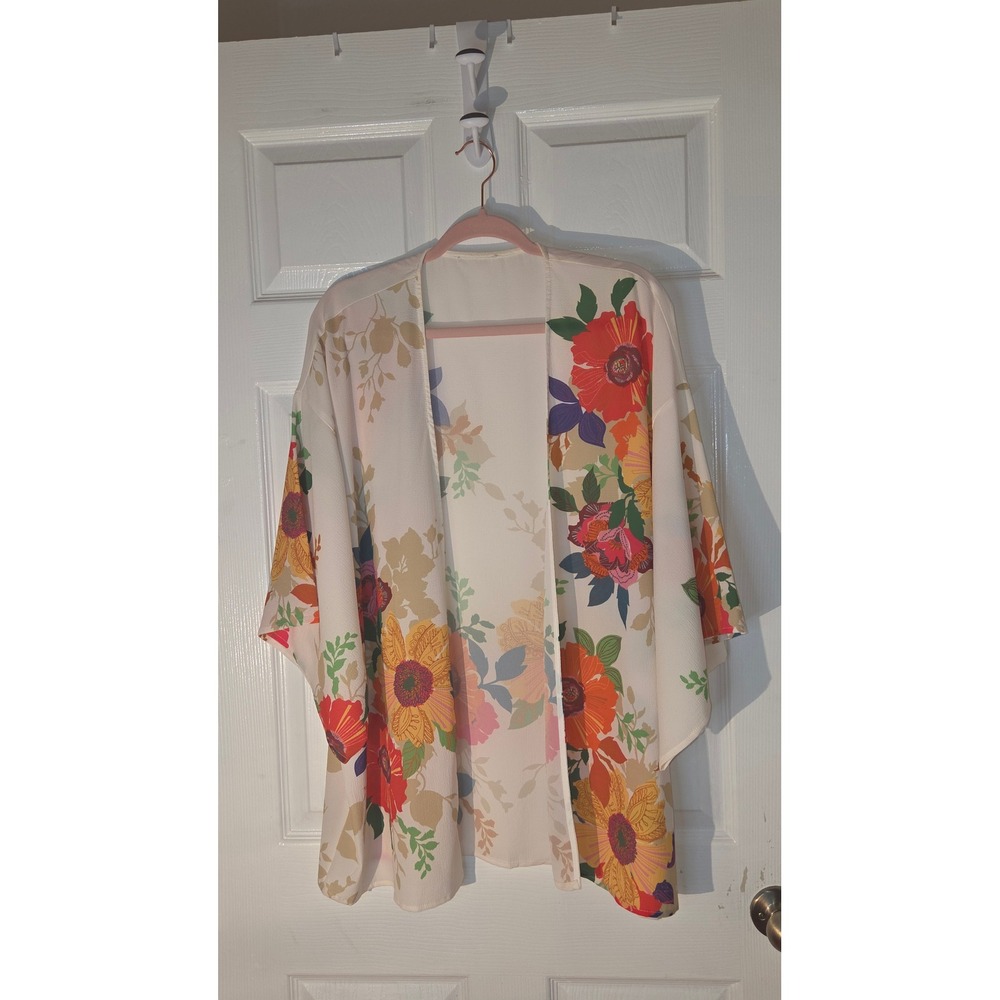 Floral Kimono Cardigan Open Front Sunflowers Orange Red Cream Size M A4791